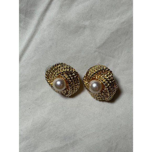 Gold Tone Knot Rope Faux Pearl Clip-On Earrings - Picture 3 of 13